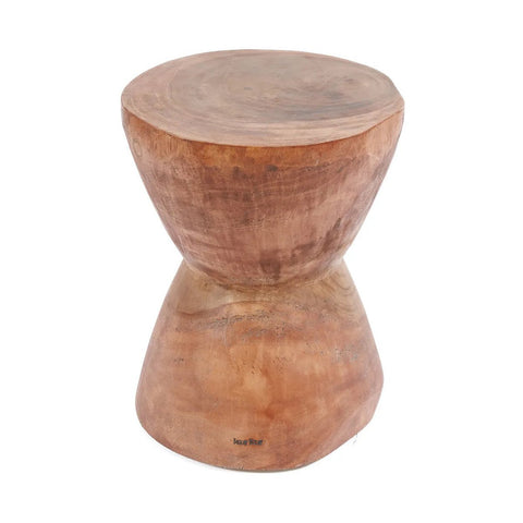 The Kona Stool - Natural features a round top and hourglass base, crafted from Indonesian suar wood with a natural finish. Its visible grain and texture make it a stylish choice as a stool or side table.