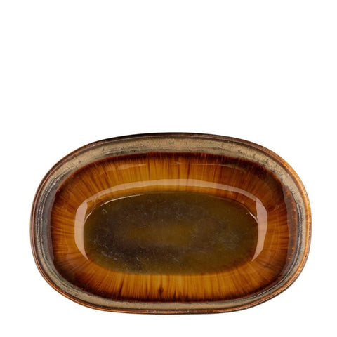 Oval-shaped ceramic dish with a glossy, amber and brown crackle glaze finish, featuring a darker center and lighter, textured edges. Shown from a top-down view on a white background, this piece highlights classic Portuguese ceramics.