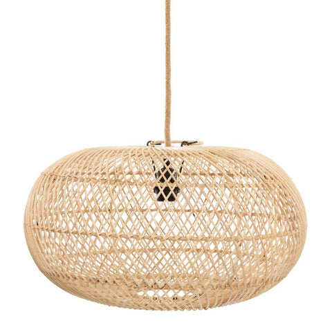 The Wholly Pendant - Natural - M from Bazar Bizar is a round, woven rattan light shade with an open crisscross pattern, suspended by a cord for a stylish look.