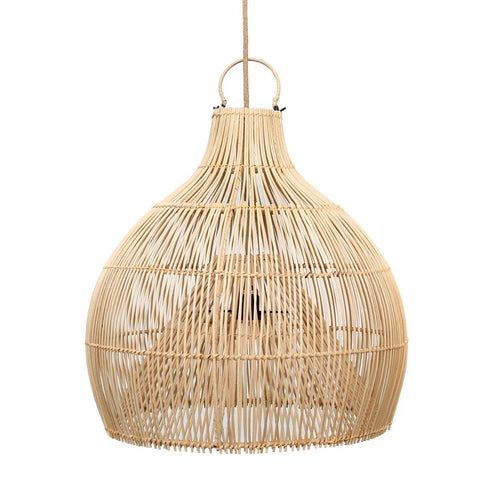 A hanging rattan pendant light with a dome-shaped, woven shade features an open, airy design and natural beige color—perfect for bringing a handcrafted vibe to your space.