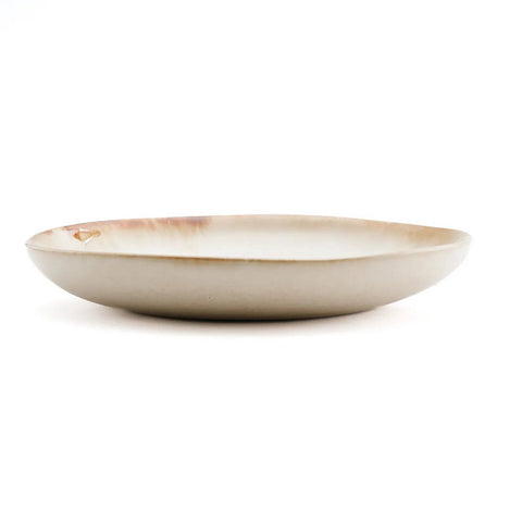 The Cascais Appetizer Plate - Set of 6: beige ceramic plates with slightly raised rims, displayed side-on against a white background—chip-proof and expertly crafted from Portuguese ceramics.