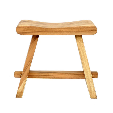 The Suar Stool - 50, a natural wooden stool featuring a curved seat and angled legs, is shown from the front against a white background.