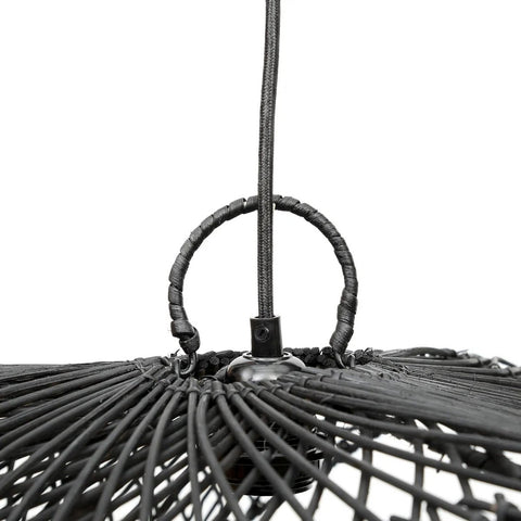 Close-up of The Chapeau Pendant - Black - L, featuring intricate black rattan weaving, a circular handle, and power cord, set against a white background.