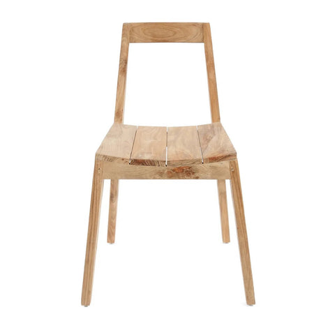 The Paxi Dining Chair - Natural - Outdoor is a handmade wooden chair with a minimalist design, simple backrest, seat of three slats, and four angled legs. Its natural wood finish brings sustainable, timeless charm to any outdoor space.