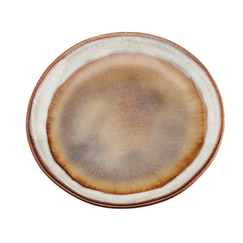 A round ceramic plate with a glossy brown and beige gradient pattern, featuring a darker center that fades to lighter tones towards the rim—showcasing the timeless appeal of Portuguese ceramics.