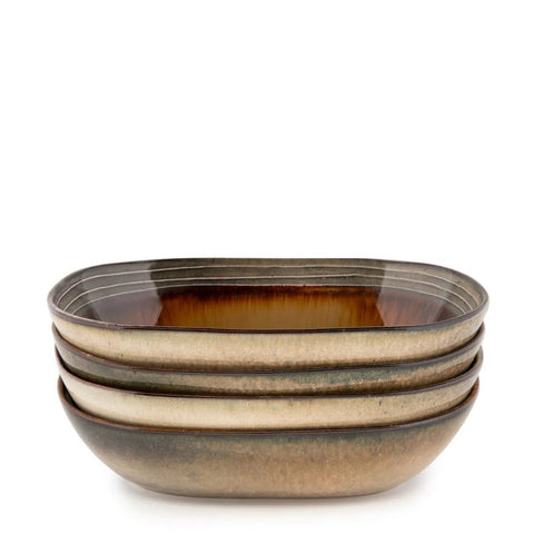 A stack of four brown, oval-shaped ceramic bowls with a rustic, crackle glaze finish, shown on a white background—perfect for handmade tableware enthusiasts.