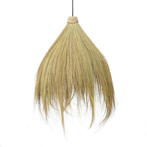 The Rayung Hut Pendant - Natural - M features natural, straw-like fibers in a loose, organic shape, suspended by a black cord—a stylish accent for any nature-inspired home decor.