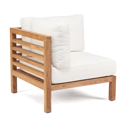 A wooden outdoor corner chair with white cushions, showcasing a modular design. The chair features a natural wood finish and a slatted backrest, ideal for versatile outdoor seating arrangements.
