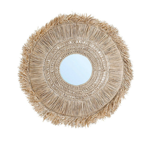 Round woven mirror with fringes on a white background