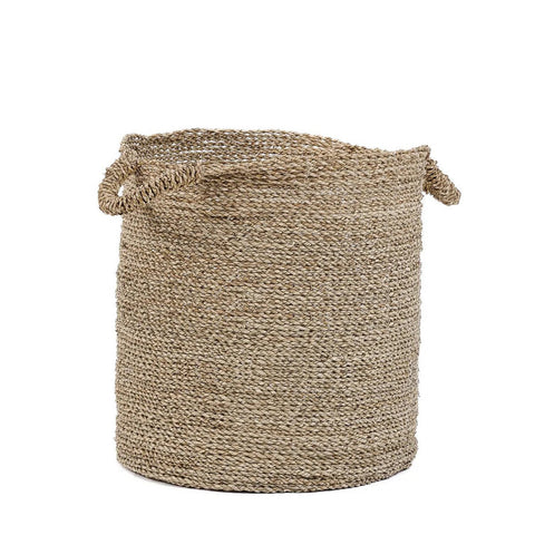 Woven basket with handles on a white background