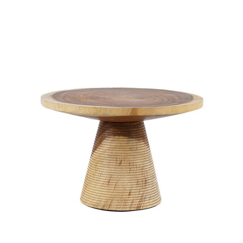 Wooden side table with a unique design on a white background