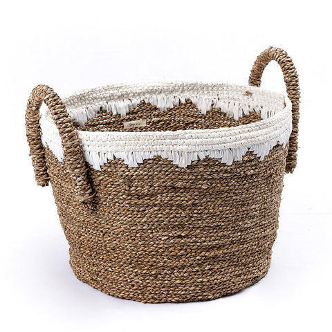 The Round Seagrass Baskets WAIGEO are handmade with two handles, a natural brown base, and a white zigzag pattern around the top edge. Ideal for stylish storage, these baskets are pictured against a plain white background.