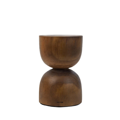 Wooden side table with two stacked cylindrical shapes on a white background