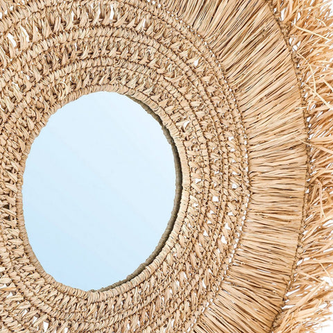 Close-up of a woven seagrass mirror