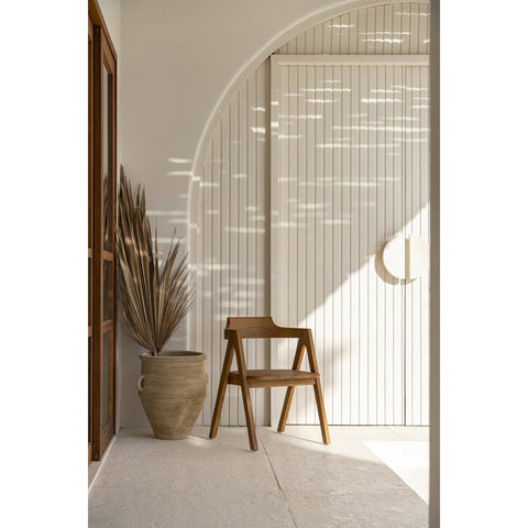 Wooden chair and plant in a modern interior setting with a neutral color palette.