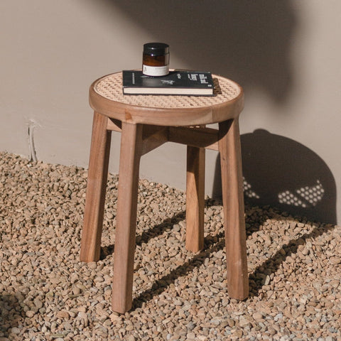 Wooden Stool, Trembesi & Woven Rattan