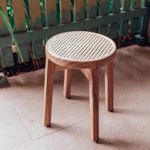 Wooden Stool, Trembesi & Woven Rattan