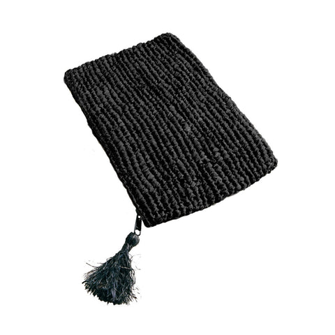 A black textured zipper pouch with a fringe tassel hanging from the zipper pull, exuding boho chic vibes, set against a plain white background.