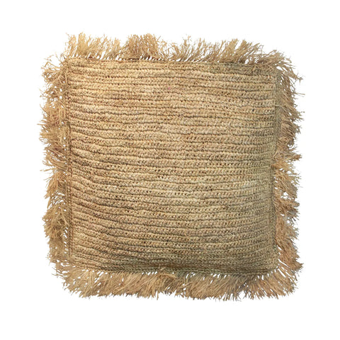 Handwoven square pillow with a natural, beige color and frayed edges, creating a textured, boho appearance reminiscent of Raffia cushions.