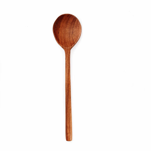 A handmade teak root spoon with a long handle and an oval-shaped bowl, showcasing its natural color, is placed against a plain white background.