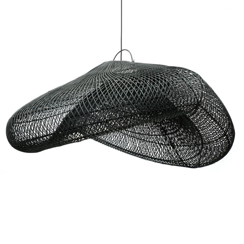 A modern, asymmetrical rattan pendant light fixture made of intricately woven black material. This handcrafted design resembles a flattened, abstract mushroom shape, suspended by a thin wire against a white background.