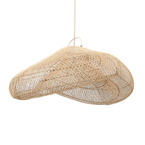 A handcrafted rattan pendant lamp with a cloud-like form, featuring an asymmetrical, organic shape. The natural material and airy design give it a light and rustic appearance, making it perfect for various interior decor styles.