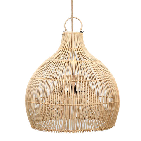 A rattan pendant lamp with a wide, rounded shape hangs from a cord, offering stunning ceiling lighting. Its natural color and open weave design create a warm, cozy aesthetic that beautifully highlights the bulb inside.