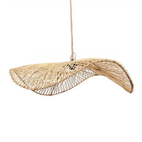 This handcrafted woven rattan pendant light, with its unique, wavy, shell-like shape, hangs gracefully from a single cord. Its natural texture and design bring a boho lamp vibe, crafting an organic and artistic appearance.