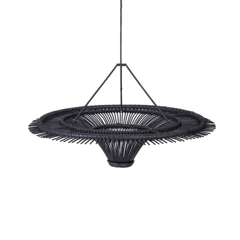 A modern black rattan pendant lamp with a circular, fan-shaped design, suspended from a cord, elevates any space as a stunning rattan masterpiece.