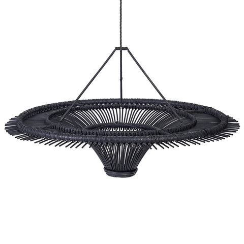 A modern black chandelier with a unique circular design featuring a central cone shape. It's suspended by thin rods that connect to the ceiling, giving it a minimalist and contemporary appearance, much like a stunning ceiling lamp tailored for elegant spaces.