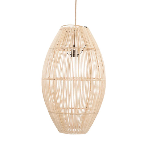 A natural wicker pendant light with an elongated, oval shape and rattan design. The woven pattern has thin vertical slats, allowing light to diffuse softly. It hangs from a cord, showcasing a minimalist and rustic aesthetic.