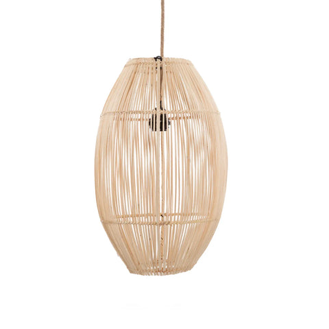 This rattan lamp features an oval shape with an intricate woven design, casting cozy stripes of light as it elegantly hangs from a cord.