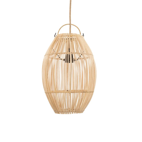 A hanging pendant light with a wooden, slatted design forms an elongated, oval shape reminiscent of a rattan design. The natural wood finish allows light to peek through, creating a warm and inviting ambiance.