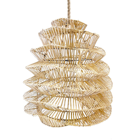 A pendant light featuring a woven bamboo structure with an intricate, tiered spiral design. The natural bamboo color enhances its earthy elegance, making it a stunning addition to any room.