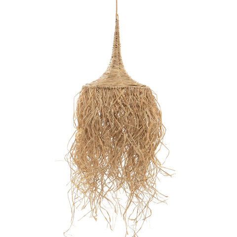 A hanging, cone-shaped lamp shade made of woven straw with long, fringe-like strands dangling from the bottom. Its raffia design evokes a rustic, natural appearance reminiscent of a tropical destination lamp.