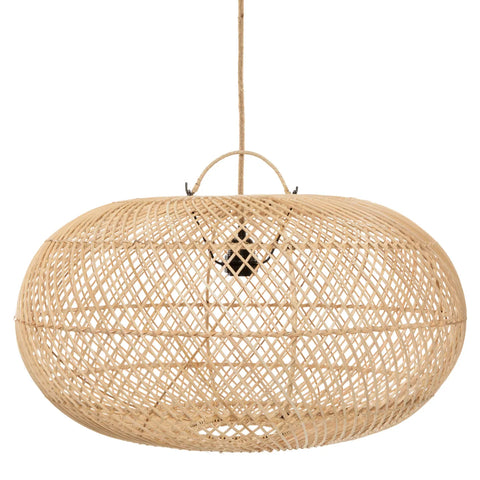 A large, oval-shaped pendant light made of woven rattan hangs from a cord. The intricate design features crisscrossed patterns, providing an airy and natural look. This exquisite piece of interior lighting boasts a visible bulb through the open weave.