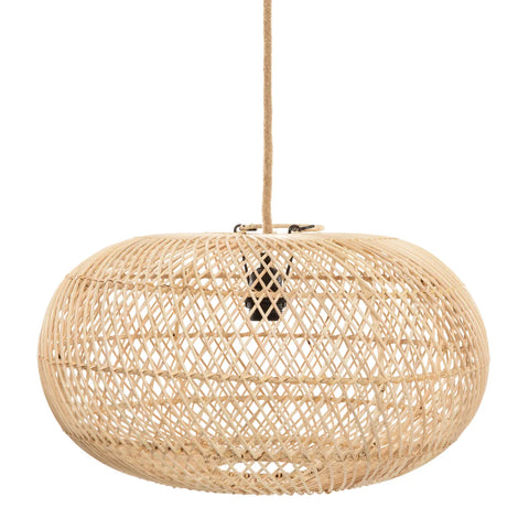 A round, woven rattan pendant light hangs from a cord. The lattice design creates an intricate pattern of overlapping lines, allowing light to filter through. This cutest pendant light boasts a warm, earthy appearance with its natural color and texture, perfect for enhancing your interior lighting.