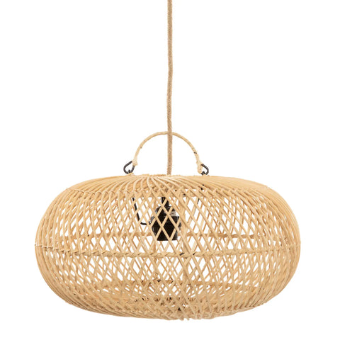 A round, woven rattan sphere pendant lamp with an intricate crisscross pattern hangs from a rope cord. The design beautifully casts ceiling shadows as light passes through, creating a warm, textured illumination.