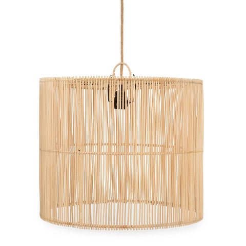 A cylindrical pendant light crafted from thin, vertical bamboo strips combined with a rattan pattern, creating a woven, natural look. It hangs from a cord and showcases an open design that allows light to pass through effortlessly.