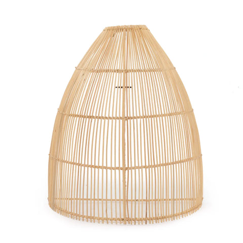 A large, dome-shaped lampshade crafted from thin bamboo strips arranged in a grid pattern evokes the charm of rattan. Its natural wood color and open structure create a light, airy design, reminiscent of light spectacles suitable for a modern, eco-friendly interior.