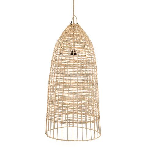 A tall, cone-shaped rattan pendant lamp with a woven design. Its natural, light-colored material evokes a beach vibe, adding an airy and rustic touch to interior decor. Perfect for infusing coastal design and a warm, organic feel into any space.