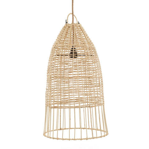 A beige woven rattan pendant lamp with a bell-shaped design hangs from a cord, evoking an Italian islands atmosphere. Its intricate lattice pattern allows light to shine through, creating an elegant and natural look suitable for coastal design and various interior styles.