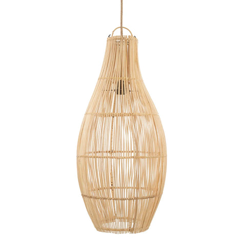 Introducing the Flacon Pendant: a large, elongated, cone-shaped lampshade crafted from natural woven bamboo. Its light wood color and open weave design create an airy, minimalist aesthetic with the bulb subtly visible through the woven material.