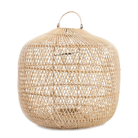 A large, round wicker basket with intricate weaving and a handle on top resembles exquisite rattan art. Its natural color and texture are prominent, showcasing its craftsmanship and design.