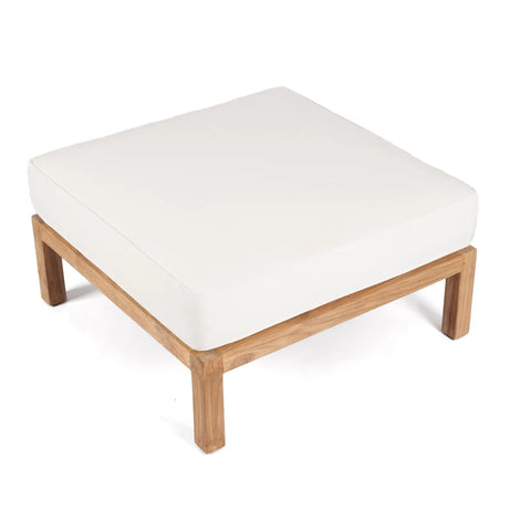 A minimalist ottoman featuring a square white cushioned seat and a simple wooden frame crafted from reclaimed teak wood. The modern design, with its sleek lines, suits contemporary interiors. The light teak contrasts elegantly with the clean white cushion.