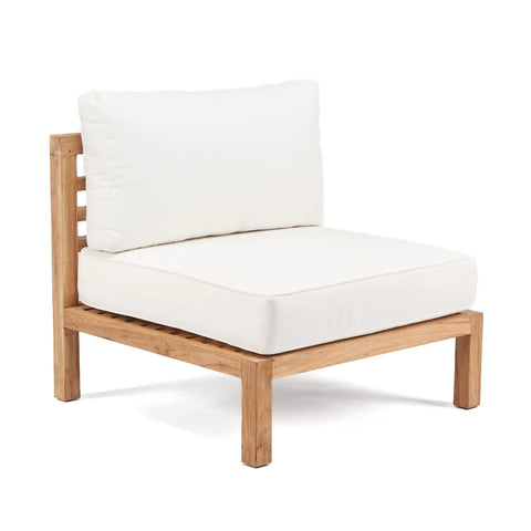 A wooden armless chair crafted from reclaimed teak wood, with white cushions on the seat and backrest. This chair features a simple, modern design and a sturdy wooden frame, perfect for modular outdoor seating.