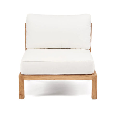 Centered against a plain background, this chair boasts a wooden frame crafted from reclaimed teak wood. Its clean lines and white cushions ensure a simple yet modern look, while the high backrest and thick seat cushion provide luxurious comfortable seating.