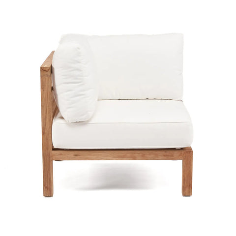 A wooden armchair with white cushions on the back and seat, designed in a modern, minimalist style. Crafted from reclaimed teak wood, it boasts a natural finish and simple lines on a white background, perfect for outdoor seating.