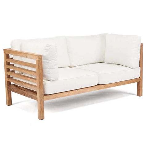 A sofa with a wooden frame crafted from reclaimed teak wood features white cushions and backrests. The slatted design on the sides and back enhances its minimalist, modern aesthetic, perfect for outdoor seating.