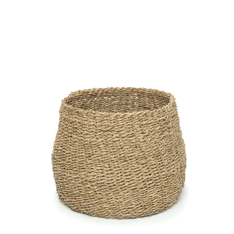 A round storage basket made of natural fibers, with a slightly flared shape and textured surface, reminiscent of traditional Vung Lam baskets, set against a white background.